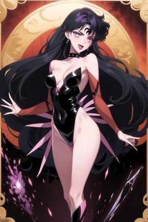 sama1, long hair, black hair, 1girl, solo, long hair, smile, black hair, jewelry, purple eyes, earrings, boots, leotard, highleg leotard, corruption, dark persona, covered navel, knee boots, aura, looking at viewer, open mouth, parted lips, choker, bodysuit, makeup, lipstick, facial mark, crescent facial mark, crystal earrings, purple flower, purple background, crystal, forehead mark, crescent, rose.
(best quality), (highly detailed), masterpiece, (official art), A dark and mysterious female character inspired by classic anime style, giving her a commanding and intimidating presence.  The overall atmosphere is dark and mysterious, with a sense of power and control emanating from her poised stance.,