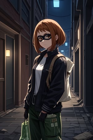 score_9, score_8_up, score_7_up, intricate details,1girl,  Ochako Uraraka, thief outfit, loose black jacket, cargo pants, wearing a domino mask, carrying a large money bag, exiting a bank vault, broken safe in the background, dark gloves, quick getaway, alarm lights flashing, dimly lit scene, red emergency lighting, cautious posture, money spilling from bag, night-time heist, dark alley, tense atmosphere,(ncursioDipDyedHair,red IncursioDipDyedHair