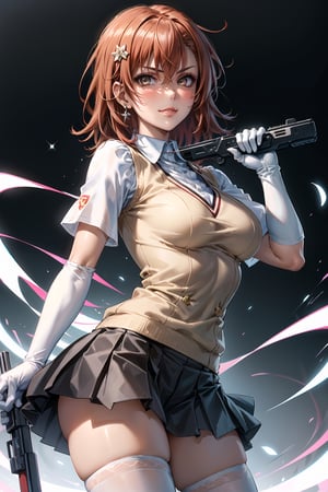 ((best quality)),  ((highly detailed)),  masterpiece,1girl, ((remote_control, aiming_at_viewer, closed_mouth, sparkling_eyes, smug, shaded_face)),(large breasts), tokiwadai school uniform, sweater vest, short sleeves, (](white gloves, elbow gloves)), pleated skirt, white thighhighs ,1girl, lips:1.2, makeup:1.2, ((gyaru)) ,jewelry, blush, earrings, looking at viewer, standing, cowboy shot, red hair, school, short hair, aamikoto ,hmmisaki,hypnoCollar