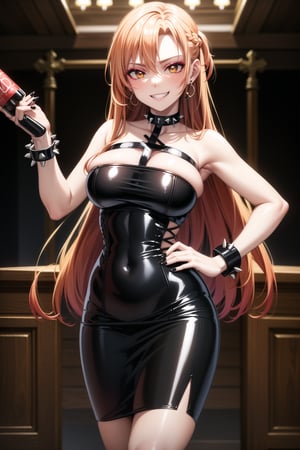 masterpiece,best quality,highres,ultra-detailed, asuna yuuki, long hair, orange hair, red hair, brown eyes,(dark makeup:1.5) (lips:1.1), (cross-laced clothes:1.3), narrow_waist:1.3, dominatrix:1.4 , (intricate Black dress:1.4), (pose:1.3), ,((smirk, grin, naughty face, seductive smile, smug)), (spiked bracelet), corset:1.4, (black hoop earring:1.3), curvaceous, voluptuous body, (latex:1.5), (black tube top:1.2), black choker, pencil skirt,  miniskirt, (black skirt),  black nails,large breasts:1.3,, (royal room:1.2),standing, StandingAtAttention,b1mb0,night club,lemon0021,,,RockOfSuccubus,asuna yuuki