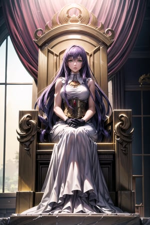 (best quality), (highly detailed), masterpiece, (official art), (sasha, purple hair, long hair, green eyes), lips, gloves, sitting, full body, female focus ,chair, formal, elegent Dress, glowing eyes, female guards standing on both sides of throne, long curly hair , throne, ,