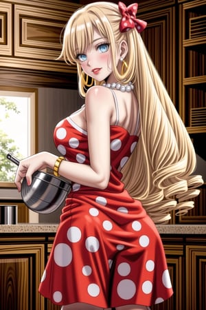 ((best quality)),  ((highly detailed)),  masterpiece,1girl, 1girl,  seductive smile, solo,   (Stepford),lips, makeup, lipstick,red lips, (pose),(polka dot:1.4), (polka dot dress:1.4),(pearl necklace:1.2), pearl bracelet, bare shoulders,(red dress:1.2),aroused, blush ,standing,  (large pearl necklace), (hoop earrings:1.2), looking at viewer, standing, cowboy shot, kitchen, cooking, indoors, house, windows, cortain, food,ClaireFran ,jewelry,bangs,drill hair, hair bow, blue eyes, bow ,blonde hair, long hair,drill hair,ass, ass focus, looking back,,<lora:659111690174031528:1.0>