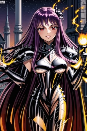 (best quality), (highly detailed), masterpiece, (official art), Saori, long hair, ((purple hair)), ((red eyes)), lips, (( evil smile)),(((fire, black cape, nigth))),  ((latex, black armor, dark armor,bodysuit, shoulder armor, spikes, pauldrons, black bodysuit )), outdoors, temple, (intricately detailed, hyperdetailed), blurry background,depth of field, best quality, masterpiece, intricate details, tonemapping, sharp focus, hyper detailed, trending on Artstation,1 girl, solo,high res,official art,hades_armor,<lora:659111690174031528:1.0>