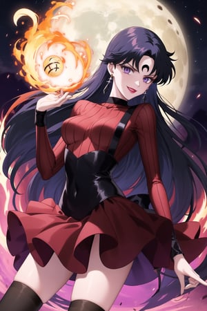 (best quality), (highly detailed), masterpiece, (official art),sama1, long hair, black hair, bangs , makeup, ((black moon, forehead mark, crescent facial mark, black crystal earrings)), jewelry, aged up, evil smile, lips, lipstick, posing, anime coloring, bodysuit:1.2,koan, sweater, striped, purple collar, long sleeves, layered skirt, stockings, forehead jewel,crystal, pyrokinesis, fire, floating_object, energythighhighs, medium breasts. blue thighhighs, A dark and mysterious female character inspired by the style of classic anime. She has an evil face with an evil smile, giving her an imposing and intimidating presence. The overall atmosphere is dark and mysterious, with a sense of power and control emanating from her posture.,