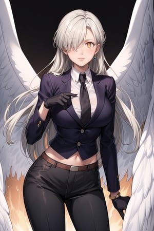 Elizabeth with long white hair and glowing eyes, lips:1.2, smile, black gloves, black jacket, black necktie, black pants, black suit, bracelet, collared shirt, cropped leg, formal, gloves, grey shirt, highres, jacket, jewelry,  lapels,, long sleeves, looking at viewer, necktie, pants, shirt,  solo, suit,  wing collar. exuding an air of authority and elegance. Her hair falls gracefully over her eyes, partially obscuring them, while her expression remains calm and composed.
She stands with an aura of power and confidence, looking directly at the viewer with an expressionless face. Her wings are subtly visible behind her, adding an ethereal touch to her otherwise professional appearance.