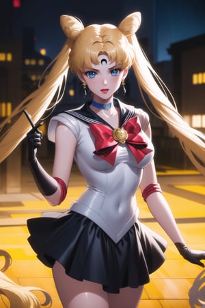 (best quality), (highly detailed), masterpiece, (official art),aausagi, double bun, twintails, parted bangs. blonde hair, makeup, forehead mark, crescent facial mark,  lipstick, black crystal earrings, aged up, sailor moon, black sailor, choker, red bow, black gloves, elbow gloves, blue skirt, latex, intricately detailed, hyperdetailed, blurry background, depth of field, best quality, masterpiece, intricate details, tonemapping, sharp focus, hyper detailed, trending on Artstation, 1 girl, high res, official art,