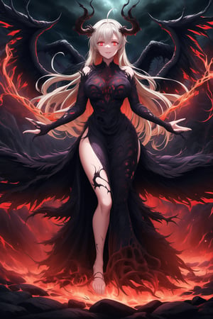 A masterpiece of dark fantasy: elizabeth, malevolent demon, lips curled into an evil smile, long flowing white hair cascading down her back like a fiery waterfall. Her delicate ahoge and intricate black gown billow softly as she floats amidst hell's fiery depths. Black wings spread wide behind her, emitting a darkness-infused light that adds to her ominous presence. Red eyes gleam with malevolent intent as she stands poised, arms outstretched in a violent welcome. Softly glowing fire illuminates her figure, while rays of dark light pierce the heavens above, casting an eerie glow on Rias' demonic form. The hellish landscape before her is bathed in red hues, as if infernal flames are breaking through to create this haunting atmosphere.