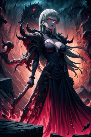 Elizabeth, black hair, lips, ruler of hell, stands as a malevolent dictator, her long hair flowing like darkness itself, gradient from white to dark, framing her cold gaze. Her elaborate gown, adorned with sinister symbols and glowing red accents, reflects her dominance and cruelty. The background features a hellish landscape: rivers of lava, jagged rocks, tormented souls, and dark clouds with lightning. Eerie, red and black glows illuminate the scene, capturing the dark and oppressive atmosphere of her dominion.