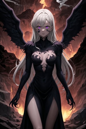 monochrome,greyscale,(tattoo,facial mark,aura,glowing,bodypaint,smoke,dark aura:1.2),1girl,long hair,medium breasts,black hair,angry,purple eyes,wings,claws,looking at viewer,nude,censored,armor,convenient censoring,Elizabeth, black hair, lips, ruler of hell, stands as a malevolent dictator, her long hair flowing like darkness itself, gradient from white to dark, framing her cold gaze. Her elaborate gown, adorned with sinister symbols and glowing red accents, reflects her dominance and cruelty. The background features a hellish landscape: rivers of lava, jagged rocks, tormented souls, and dark clouds with lightning. Eerie, red and black glows illuminate the scene, capturing the dark and oppressive atmosphere of her dominion.