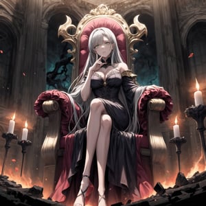 Anime illustration of Elizabeth, transformed into the corrupted ruler of Hell, sitting on a luxurious golden throne on a grand balcony. Her long hair flows from a gradient of white to black, symbolizing her descent into darkness, and her once green eyes now glow with a menacing red hue. She wears an elaborate black and red gown adorned with sinister symbols and glowing red accents, reflecting her dominance and cruelty.

Elizabeth's expression is cold and devoid of emotion as she holds a delicate porcelain teacup with her right hand, her left finger placed on her lips in a gesture of silence. Her gaze is fixed on the scene before her, a hellish landscape of a city engulfed in flames. Tall buildings and ancient architecture are crumbling and burning, casting an orange and red glow across the sky, creating a dramatic and chaotic atmosphere.

The balcony is decorated with large vases overflowing with vibrant red roses, some petals gently falling in the foreground, adding a touch of morbid beauty to the scene. The setting sun enhances the fiery ambiance, casting long shadows and illuminating the destruction.

On the table beside her, there are various elegant tea sets and a candlestick with lit candles, adding a warm light to the dark setting. Rivers of lava flow through the city, jagged rocks protrude from the ground, and tormented souls can be seen in the distance. Dark clouds swirl above with lightning illuminating the oppressive atmosphere of her dominion.

Details:

Elizabeth's gown has intricate gold embroidery and shoulder epaulets, signifying her regal yet malevolent status.
Her throne is adorned with dark, gothic designs and glowing red gems.
The flames and lava cast a flickering light on her cold, emotionless face, emphasizing her transformation.
The roses on the balcony are vibrant, yet some are wilted, symbolizing corruption and decay.
The background shows a mix of ruined ancient architecture and modern buildings, enhancing the sense of chaos and destruction.
The lighting highlights the contrast between the opulence of Elizabeth's appearance and the devastation of the landscape.