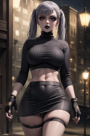 ((best quality)), ((highly detailed)), masterpiece, ((official art)), detailed face, beautiful face, (detailed eyes, deep eyes), seductive posing, (cowboy shot),noelle_silva,silver hair,twintails,bangs,purple eyes,  (sexy:1.3),   (makeup, black lips:1.3),( pale white skin, very white skin, goth, long eyelashes), medium to big breasts, black gloves, black skirt:1.2, closed mouth, cowboy shot, ((black turtleneck, black crop top)), hoop earrings, fingerless gloves, gloves, highres, jewelry, , midriff, miniskirt, navel, pencil skirt, skirt, solo, standing, stomach, striped, striped bow, thigh strap, city street, nighttime, intricately detailed, hyperdetailed, blurry background, depth of field, best quality, masterpiece, intricate details, tonemapping, sharp focus, hyper detailed, trending on Artstation, 1 girl, high res, official art,