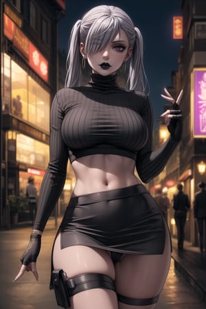 ((best quality)), ((highly detailed)), masterpiece, ((official art)), detailed face, beautiful face, (detailed eyes, deep eyes), seductive posing, (cowboy shot),noelle_silva,silver hair,twintails,bangs,purple eyes,  (sexy:1.3),  (hair covering one eye:1.3), (makeup, black lips:1.3),( pale white skin, very white skin, goth, long eyelashes), medium to big breasts, black gloves, black skirt:1.2, closed mouth, cowboy shot, ((black turtleneck, black crop top)), hoop earrings, fingerless gloves, gloves, highres, jewelry, , midriff, miniskirt, navel, pencil skirt, skirt, solo, standing, stomach, striped, striped bow, thigh strap, city street, nighttime, intricately detailed, hyperdetailed, blurry background, depth of field, best quality, masterpiece, intricate details, tonemapping, sharp focus, hyper detailed, trending on Artstation, 1 girl, high res, official art,