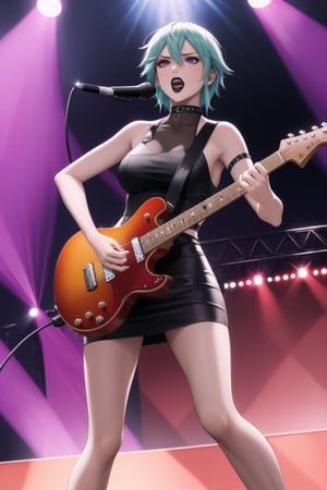 (best quality), (highly detailed), masterpiece, (official art),  Sinon, black lips:1.2, lips:1.3, rocking out on stage in a black leather outfit with spiked accessories. Her electric guitar roars as she performs in front of a massive crowd. The stage is bathed in red and purple lights, and the energy is electric as she belts out powerful lyrics. Her hair is wild, and her eyes are fierce, embodying the spirit of rebellion., ,hd quality, perfect face ,realistic, realistic body , perfect face sync,,b1mb0, 