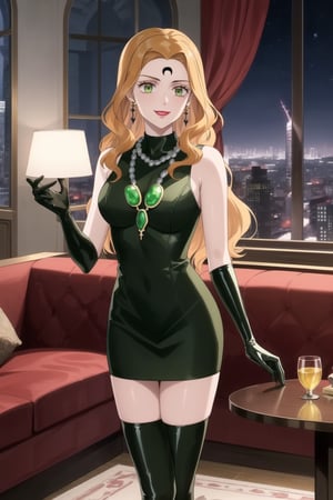 (best quality), (highly detailed), masterpiece, (official art),mimosa vermillion, orange hair, green eyes,, lips, smile, lipstick, makeup, evil smile,
((Forehead mark, crescent facial mark, black crystal earrings, jewelry)).  Dark  dress, esmeraude, black latex, black sleeveless dress, turtleneck_dress, short dress, elbow gloves, green gloves, thighhighs, large necklace, ((gemstone necklace:1.2)), standing,
Modern luxury lounge with dim lighting, featuring sleek black leather sofas, glass tables, and soft ambient lighting from wall sconces. A large window in the background reveals a city skyline at night, adding a touch of sophistication to the scene,