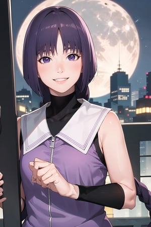 (best quality), (highly detailed), masterpiece, (official art),sumire kakei, smile, single braid, sleeveless jacket, wristband, black shirt, looking at viewer, city, night, sky, moon, standing,  upper body,  best quality, masterpiece, intricate details, tonemapping, sharp focus, hyper detailed, trending on Artstation,1 girl,