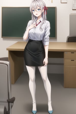 A close-up shot of alya, long hair, grey hair, blue eyes, hair between eyes, hair ribbon, red ribbon, ahoge, the SKS Office Lady, stands expressionless with empty eyes, her lips subtly parted as if in a state of subtle hypnosis. glasses, skirt, pantyhose, earrings, pencil skirt, adjusting eyewear,  blue skirt, chalkboard, open mouth, teacher, paper, necktie, jewelry, red-framed eyewear, bespectacled, white legwear, semi-rimless eyewear, under-rim eyewear, shoes, standing, desk, blue footwear, office lady, smile, lanyard, streaked hair, clipboard,  shirt. In formal attire, she exudes professionalism.