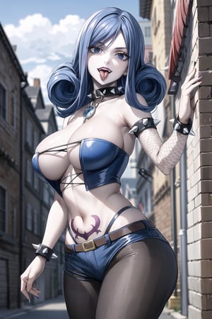 (masterpiece:), (best quality), highly detailed, beautiful detail, extremely delicate and beautiful, juviarnd, blue hair, blue eyes, wavy_hair, (lips), open mouth, tongue out, evil eyes, evil smile, (RockOfSuccubus), large breasts, navel,(purple), cleavage, midriff, (tattoo:1.1), pubic tattoo,makeup, (colored skin:1.3),(black lips:1.3),(lipstick), (pale skin:1.5),  eyelashes, spiked collar, midriff, spiked armlet, black vest,  (tube top), (underboob), red top ,  latex clothes,  fishnet pantyhose, fishnet gloves, chains, black vest, denim short,   spiked bracelet, string, black top, standing, facing viewer,  (street), scenery, nigth, sky, blurry background,depth of field,juviafisu