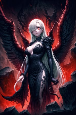 Elizabeth, white hair,hair_over_eye ,lips, ruler of hell, black wings,darkness wings,wings,demon wings,stands as a malevolent dictator, her long hair flowing like darkness itself, gradient from white to dark, framing her cold gaze. Her elaborate gown, adorned with sinister symbols and glowing red accents, reflects her dominance and cruelty. The background features a hellish landscape: rivers of lava, jagged rocks, tormented souls, and dark clouds with lightning. Eerie, red and black glows illuminate the scene, capturing the dark and oppressive atmosphere of her dominion.