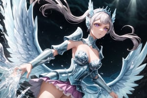 GFX wallpaper featuring Noelle Silva as a Valkyrie, with twintailed silver hair and shimmering water armor that appears both solid and liquid. The scene is illuminated by a radiant sword in her hand, casting light across the battlefield. Her wings, crafted from water, sparkle as if catching the light of a distant sun, and her purple eyes glow intensely. Water splashes around her armor, and energy beams shoot through the background. Her armored dress is detailed with intricate runes and silver accents, all glimmering as if imbued with magic. The background shows crashing waves, with water particles frozen mid-air, glowing in vibrant blue, violet, and white hues.