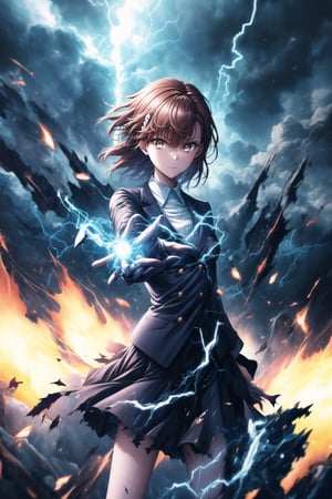 1girl, mikoto_misaka, short hair, brown hair, brown eyes, school_uniform, skirt, electricity, electric_charge, lightning_bolt, standing, side_view, arms extended, charging energy, fierce expression, sparks flying, electricity arcing between her hands, huge lightning bolt forming, glowing blue aura around her body, debris floating due to energy, wind blowing her hair and clothes, GFX elements: neon electric currents, glowing sparks, electric streaks in the air, shockwaves, dynamic lighting with high contrast, glowing effects around her body, shattered ground from the impact of power, floating particles, motion blur on the lightning arcs, energy distortions, sharp highlights on electricity, dark stormy clouds,aamikoto