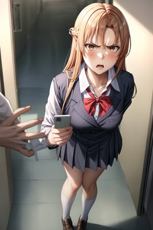  (mind_control:1.2), (beautiful_hands), (perfect_hands),  (backPhone:1.2),1girl, solo, asuna yuuki,  long hair, french braid, orange hair, angry expression, furrowed brows, lips, open mouth, angry, 
arms outstretched ,school uniform, standing in hallway, slight blush of frustration, hallway with background students looking over, bright afternoon sunlight, dramatic shadows on floor,b1mb0, looking_at_viewer, looking_at_viewer