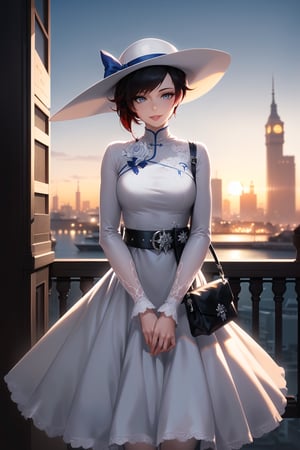 (best quality), (highly detailed), masterpiece, (official art), ,(ruby rose:1.2), lips, lips, (( hat,sun hat, dress,  blue ribbon, hat ribbon, bag, belt, white dress, white headwear, ribbon, handbag, long sleeves, standing, white legwear, holding,  smile, holding bag, long skirt, v arms)), looking at viewer, china, asiática, city, night, sky,  (intricately detailed, hyperdetailed), blurry background,depth of field, best quality, masterpiece, intricate details, tonemapping, sharp focus, hyper detailed, trending on Artstation,1 girl, high res, official art,StandingAtAttention,bestiality,Weiss_RWBY