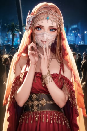 ((best quality)), ((highly detailed)), masterpiece, ((official art)), detailed face, beautiful face, (detailed eyes, deep eyes), seductive posing, (cowboy shot),asuna yuuki, long hair, brown hair, orange hair, red hair, empty eyes:1.2,,((veil, transparent,mask Veil,Veil)) v3il, face veil, (forehead jewel opal), crystal head veil, (cowboy shot), eyeliner, eyeshadow, makeup, ,ethereal nightgown, (sash), (cowboy shot), grand hall, . shallow depth of field, vignette, highly detailed, high budget, bokeh, cinemascope, moody, epic, gorgeous, film grain, grainy,jyojifuku,asuna yuuki, veil