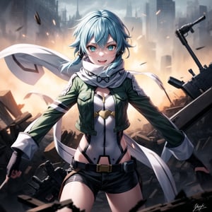 Highly detailed anime illustration of Sinon in the midst of a desolate battlefield, her blue hair whipping in the wind as she fires her sniper rifle with deadly precision. Her sharp aqua eyes, partially obscured by strands of hair, gleam with a twisted joy, and a sadistic smile spreads across her face, reflecting her dark pleasure in the chaos of combat.

sinon1 is dressed in her signature combat outfit: a green cropped jacket open at the front, revealing a white scarf that flutters as she moves. Her black shorts and fingerless gloves are practical for the fight, while her sniper rifle is held firmly, aimed with unwavering focus. The rifle's muzzle flashes brightly, illuminating the battlefield in sharp, cold light.

The surrounding environment is bleak and war-torn, with crumbling structures and a cloudy, dark sky overhead, adding to the tension and intensity of the scene. The ground is littered with debris, evidence of the ongoing conflict. Shadows and light play across her form, emphasizing her role as a hunter in this grim setting.

Despite the devastation around her, Sinon’s sadistic smile and the gleam in her eyes make it clear she relishes the battle, her laughter echoing amidst the destruction. Every shot she takes is precise, her enjoyment of the fight apparent in every detail of her expression and posture.

Key Details:

The sniper rifle is depicted in high detail, with visible muzzle flash and recoil captured mid-shot.
Sinon's expression is the focal point, her sadistic smile and bright, crazed eyes adding a layer of psychological depth.
The battlefield is grim, with dark, moody lighting that contrasts with the bright flashes of gunfire.
Her pose is dynamic, with the rifle held steady as she fires, her body language exuding confidence and delight in the violence.
The overall atmosphere is dark and intense, highlighting Sinon's enjoyment of the chaos and her role as a formidable sniper in the heat of battle.