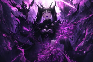 ((Lips, purple lips, lipstick, makeup)), ((crescent face mark, crystal black earrings)), closed mouth smile, Diane, twintails black hair tied with hair scrunchies, ruler of hell, stands as a malevolent dictator. Her hair, with a gradient from white to dark, frames her cold, unforgiving gaze. Adorned in an elaborate gown decorated with sinister symbols and glowing red accents, Diane's presence radiates dominance and cruelty. Black demonic armor covers her body, its sharp edges glinting in the ominous red light of her infernal realm. She holds a massive, spiked mace in one hand, symbolizing her brutal control over her kingdom. Black demon horns protrude from her head, completing her transformation into a ruler of darkness.

The background depicts a hellish landscape: rivers of molten lava flow through jagged rocks, with tormented souls writhing in agony along the cliffs. Dark clouds swirl overhead, pierced by bolts of demonic lightning that illuminate the oppressive scene. Diane's large black wings spread wide, casting long shadows over her dominion. The entire environment pulses with red and black glowing effects, eerie light rays, and sparks of energy, creating a surreal and chaotic atmosphere. The GFX elements include digital distortion effects, glitchy bursts of light, and electrical discharges that add a modern, intense wallpaper aesthetic to the scene, perfectly capturing the dark and oppressive mood of her rule in hell