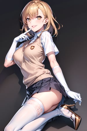 ((best quality)),  ((highly detailed)),  masterpiece,1girl, ((sparkling_eyes, smug, shaded_face,evil smile)),(large breasts), tokiwadai school uniform, sweater vest, short sleeves, (((high heels))),((white gloves, elbow gloves)), pleated skirt, white thighhighs ,1girl, lips:1.3, red lips, makeup:1.3, ((gyaru)), blonde hair, school, short hair, aamikoto ,hmmisaki,hypnoCollar,V-shaped eyebrows, 1girl, symbol-shaped pupils, +_+, 