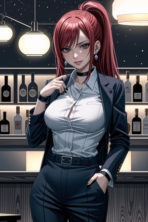 ((best quality)),  ((highly detailed)),  masterpiece,1girl, 1girl, (lips:1.2), seductive smile, smirk, naughty_face,nail polish, solo,   black pants,  formal,  black jacket,  open jacket,  (white shirt),  belt, ,  black jacket, (black suit),  long sleeves,  shirt tucked in,, (black choker), blush, earrings, black nails, looking at viewer, standing, cowboy shot, fingernails,  bar,outdoor,lamp,nigth,space, alcohol, sexy pose:1.2, purple nails, wristband, erzascarlet, red hair, ponytail,<lora:659111690174031528:1.0>