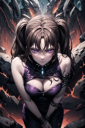 ((Best quality)), masterpiece, Diane, twintails, bangs, brown hair, purple eyes,

Anime illustration of Diane as the personal minion and elite warrior of Elizabeth, the ruler of hell. Diane has been corrupted by the same dark power and forbidden magic, transformed into a succubus serving the dark queen. Her brown hair is styled in twintails with bangs, and her eyes now glow with an unnatural, sinister purple hue.

Diane wears a revealing, dark armor adorned with infernal symbols and spikes, designed for both seduction and combat. Her outfit is accented with glowing red and black highlights, matching the malevolent aesthetics of her queen. Her demeanor is one of unwavering loyalty and cruelty, reflecting her complete submission to Elizabeth's will.

The background continues to feature the hellish landscape with rivers of lava, jagged rocks, and tormented souls. Diane stands ready for battle, her posture indicating readiness to enforce her queen's cruel commands. The scene is lit with the same eerie red and black glows, emphasizing the dark and oppressive atmosphere of their infernal domain.