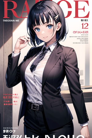 (best quality), (highly detailed), masterpiece, (official art), suguha, short hair, black hair, bob cut, hairclip, hair ornament, blunt bangs,magazine cover, english text, character name, copyright name, lips, smile, necktie,pose,  black jacket,(black suit), open suit,  open jacket,long sleeves, shirt tucked in,looking at viewer, shirt, black necktie, white shirt, medium breasts,window, formal, office lady,pants, black pants, black belt, business suit, suit,  (intricately detailed, hyperdetailed), blurry background,depth of field, best quality, masterpiece, intricate details, tonemapping, sharp focus, hyper detailed, trending on Artstation,1 girl, solo,high res,official art