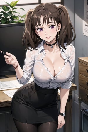 ((best quality)), ((highly detailed)), masterpiece, ((official art)), ( diane, twintails), (office:1.3), (window, indoors, plant), (seductive smile), (black choker:1.2),(hoop earrings), (high-waist skirt:1.2), (black skirt), (collarbone, cleavage) , (lips:1.2), (narrow_waist:1.2) , wristwatch, skirt, solo, (cowboy shot:1.2), standing, pencil skirt, (leaning forward:1.3),(hands over desktop:1.3),(seductive pose:1.2) collared shirt, (office lady), (white shirt:1.2), (formal:1.1), shirt tucked in, (skirt suit), black pantyhose, dress shirt, intricately detailed, hyperdetailed, blurry background, depth of field, best quality, masterpiece, intricate details, tonemapping, sharp focus, hyper detailed, trending on Artstation, 1 girl, high res, official art
