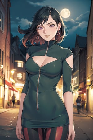 masterpiece, best quality, Ruby rose, short hair, delta_dress, earrings, smile, (upper body), best quality, masterpiece, intricate details, scenary, city, outdoors, night, sky, moon, trending on Artstation,1 girl, solo,looking at viewer, thigh gap, cowboy shot, standing,(intricately detailed, hyperdetailed), blurry background,depth of field, best quality, masterpiece, intricate details, tonemapping, sharp focus, hyper detailed, trending on Artstation,1 girl, high res, official art,atlasrose,ruby rose