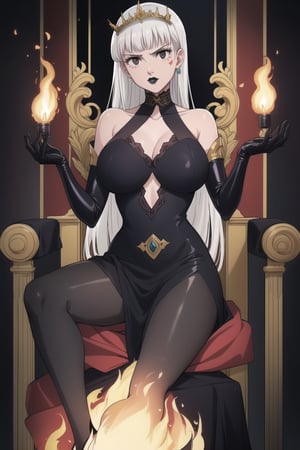 (best quality), (highly detailed), masterpiece, (official art), (Elizabeth, white hair, blunt bangs, long hair):1.2, facial mark, black lips:1.4, makeup:1.2, black eyes:1.2, black latex royal gown with intricate designs, high collar, flowing latex cape, black latex gloves, crystal tiara, sitting on a dark, gothic throne in a demon kingdom’s castle, surrounded by torches and ancient stone walls, her gaze cold and commanding, solo female, large breasts, full-body shot, looking at viewer, perfect face, realistic body, high-definition quality, regal and menacing, demon princess, b1mb0,