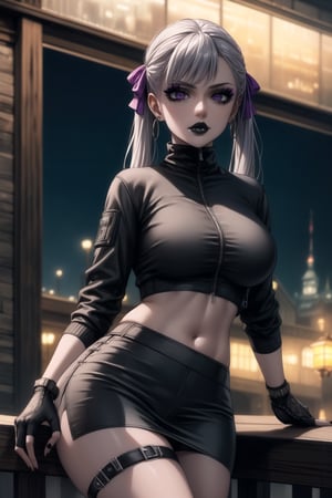 ((best quality)), ((highly detailed)), masterpiece, ((official art)), detailed face, beautiful face, (detailed eyes, deep eyes), seductive posing, (cowboy shot),noelle_silva,silver hair,twintails,bangs,purple eyes,  (sexy:1.3),   (makeup, black lips:1.3),( pale white skin, very white skin, goth, long eyelashes), medium to big breasts, black gloves, black jacket:1.2, black skirt:1.2, black belt ,closed mouth, cowboy shot, ((turtleneck, black crop top)), hoop earrings, fingerless gloves, gloves, highres, black leather jacket, jewelry, , midriff, miniskirt, navel, pencil skirt, skirt, solo, standing, stomach, striped, striped bow, thigh strap, city street, nighttime, intricately detailed, hyperdetailed, blurry background, depth of field, best quality, masterpiece, intricate details, tonemapping, sharp focus, hyper detailed, trending on Artstation, 1 girl, high res, official art