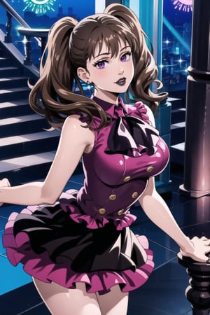 (best quality), (highly detailed), masterpiece, (official art),  diane,twintails, brown hair ,purple eyes, solo,  lips:1.2, black lips:1.4, lipstick:1.2, beautiful 1girl wearing a earthy red (idol dress) ,layered skirt, frills, ribbon, bow, sequins, looking at viewer, (/nightclub scene, neon lights), , club, (nigth club), ,hd quality, perfect face ,realistic, realistic body , perfect face sync,night club,StandingAtAttention,marinette,night club,b1mb0,