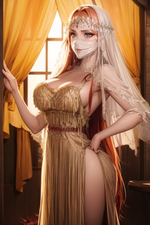 ((best quality)), ((highly detailed)), masterpiece, ((official art)), detailed face, beautiful face, (detailed eyes, deep eyes), seductive posing, (cowboy shot),asuna yuuki, long hair, brown hair, orange hair, red hair, empty eyes:1.2,,((veil, transparent,mask Veil,Veil)) v3il, face veil, (forehead jewel opal), crystal head veil, (cowboy shot), eyeliner, eyeshadow, makeup, ,ethereal nightgown, (sash), (cowboy shot), grand hall, . shallow depth of field, vignette, highly detailed, high budget, bokeh, cinemascope, moody, epic, gorgeous, film grain, grainy,jyojifuku,asuna yuuki