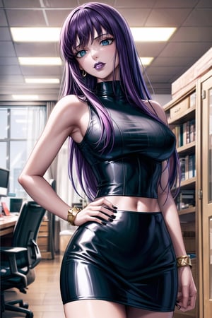 ((best quality)),  ((highly detailed)),  masterpiece,  ((official art)), (Saori, long hair, purple hair, blue eyes, earrings, jewelry),RockOfSuccubus, (lips:1.2), (black lips:1.3), black nails, (( arms_at_sides:1.2, hand_on_own_hip, head_tilt)),  (pubic tattoo:1.3), (latex:1.3), navel, midriff, sleeveless, bare shoulders, figure, turtleneck, ((black shirt)), (black pencil skirt), (office), lady office, , building, bracelet, parted lips, indoors, intricately detailed, hyperdetailed, blurry background, depth of field, best quality, masterpiece, intricate details, tonemapping, sharp focus, hyper detailed, trending on Artstation, 1 girl, high res, official art