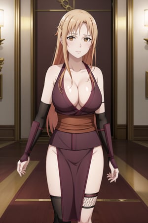 masterpiece,best quality,highres,ultra-detailed,asuna yuuki, long hair, orange hair, brown eyes, empty eyes:1.3,  breasts,  solo, ninja, cleavage, thighhighs, pelvic curtain, gloves, fishnets, large breasts, japanese clothes,  bare shoulders, sash,  (indoors:1.2), (royal room:1.2), (latex), standing, StandingAtAttention,b1mb0,night club