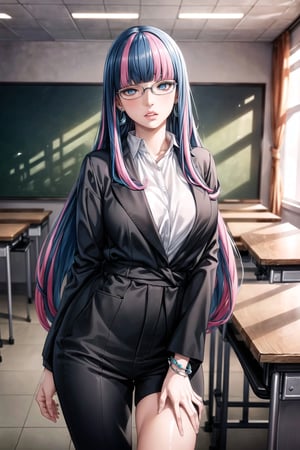 ((best quality)),  ((highly detailed)),  masterpiece,  ((official art)), (eida, long hair, bangs, blue eyes, very long hair, blue hair, pink hair, multicolored hair, earrings, blunt bangs, two-tone hair, streaked hair, ,glasses),lips,  figure, ,(office), suit blazer, no shirt underneath,  in a classroom building, bracelet, parted lips,  indoors, intricately detailed, hyperdetailed, blurry background, depth of field, best quality, masterpiece, intricate details, tonemapping, sharp focus, hyper detailed, trending on Artstation, 1 girl, high res, official art