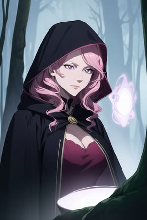 ,(masterpiece, best quality, very aesthetic, ultra detailed), lips, black lips:1.2, evil smile, evil, villain, corrupted, dark persona,intricate details, 4k, Vanessa, purple eyes,  (long straight pink hair, dark pink hair, long wavy hair),   as an evil sorceress, with dark magical energy swirling around her, in a dark, mystical forest. She wears a dark, flowing robe with glowing blue runes, and a hood that shadows her face, adding to her ominous presence. The background is filled with twisted trees and ominous fog, lit by ghostly blue light. Created Using: dark fantasy anime style, magical realism, detailed character design, ethereal lighting, digital painting, intricate