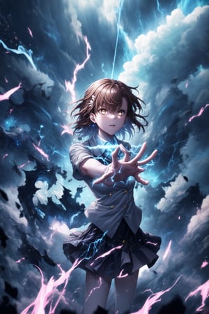 1girl, mikoto_misaka, short hair, brown hair, brown eyes, school_uniform, skirt, electricity, electric_charge, lightning_bolt, standing, side_view, arms extended, charging energy, fierce expression, sparks flying, electricity arcing between her hands, huge lightning bolt forming, glowing blue aura around her body, debris floating due to energy, wind blowing her hair and clothes, GFX elements: neon electric currents, glowing sparks, electric streaks in the air, shockwaves, dynamic lighting with high contrast, glowing effects around her body, shattered ground from the impact of power, floating particles, motion blur on the lightning arcs, energy distortions, sharp highlights on electricity, dark stormy clouds,aamikoto