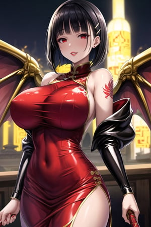 (best quality), (highly detailed), masterpiece, (official art),(suguha, short hair, black hair, bob cut, hairclip, hair ornament, blunt bangs), sword, holding weapon, holding sword,fantasy, fairy wings, red wings,,red lips, lips:1.3, huge brest, makeup:1.4,(((black hair, wavy hair, red dress, red eyes,red china dress))), ((bare shoulder,sleeveless,latex,bodysuit)),,looking at viewer, china, asiática, city, night, sky, (intricately detailed, hyperdetailed), blurry background,depth of field, best quality, masterpiece, intricate details, tonemapping, sharp focus, hyper detailed, trending on Artstation,1 girl, high res, official art,chinese dress,tattoos