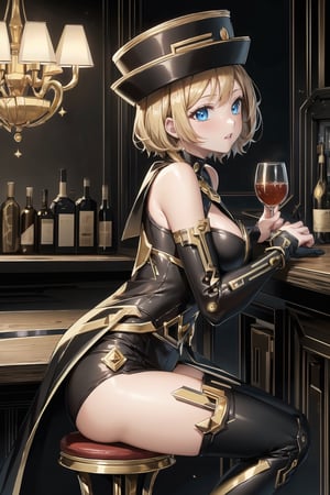 ((best quality)),  ((highly detailed)),  masterpiece,  ((official art)),  serena, 1girl, solo, orange hair, blue eyes, blonde hair, short hair, hat, red headwear,luxtech, gold, luxurious, cyberpunk, indoors, alcohol, bar \(place\), counter, table, stool, chandelier, sitting, from side, parted lips