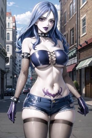 (masterpiece:), (best quality), highly detailed, beautiful detail, extremely delicate and beautiful, (juviarnd), blue hair,  (lips), open mouth, tongue out, evil eyes, evil smile,  spiked collar, midriff, spiked armlet, (tube top:1.2), (underboob), red top ,  latex clothes,  fishnet pantyhose, fishnet gloves, chains, denim short,   spiked bracelet, string, black top, RockOfSuccubus, large breasts, navel,(purple), cleavage, midriff, (tattoo:1.2), pubic tattoo,makeup, (colored skin:1.3),(black lips:1.3),(lipstick), (pale skin:1.5),  eyelashes, standing, facing viewer,  (street), scenery, nigth, sky, blurry background,depth of field