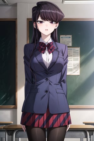 ((best quality)),  ((highly detailed)),  masterpiece,  ((official art)),  SK, lips, school, schoolroom, standing, chalkboard ,looking at viewer, (body trembling:1.3, scary:1.2, fear:1.2), blush, parted lips, dark blue blazer, striped bowtie, school uniform,  v arms, pantyhose, classroom, cowboy shot, school uniform, red skirt, red bow, blazer,,  girl,  indoors,  intricately detailed,  hyperdetailed,  blurry background, depth of field,  best quality,  masterpiece,  intricate details,  tonemapping,  sharp focus,  hyper detailed,  trending on Artstation, 1 girl,  high res,  official art,SK,StandingAtAttention