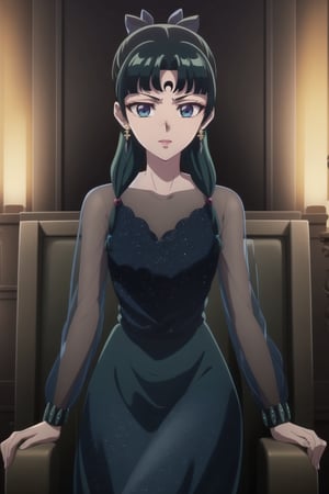 (best quality), (highly detailed), masterpiece, (official art), maomao,1girl,blunt bangs,green hair,blue eyes,sidelocks,twin braids,hair over shoulder,hair beads,half updo,single hair bun,hair ribbon,freckles, forehead mark, crescent facial mark, black crystal earrings, black dress, long sleeves, see-through,  sitting, throne,