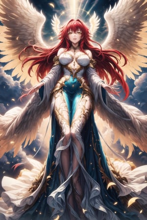 (best quality), (highly detailed), masterpiece, (official art), Rias Gremory as a serene angel, lips smile, with long flowing red hair and a delicate ahoge, luminous white wings spread wide behind her. She is wearing a simple, elegant white gown that flows gracefully around her, softly billowing as she floats in the sky. Rias stands with her arms gracefully open, as if welcoming you with a serene and benevolent presence, her yellow eyes. Rays of divine light shine down from the heavens, illuminating her figure, while she hovers among soft, glowing clouds. The sky is a serene blend of soft pastels, with golden rays breaking through, creating a heavenly and peaceful atmosphere. Her wings emit a gentle, ethereal light, adding to her angelic presence.